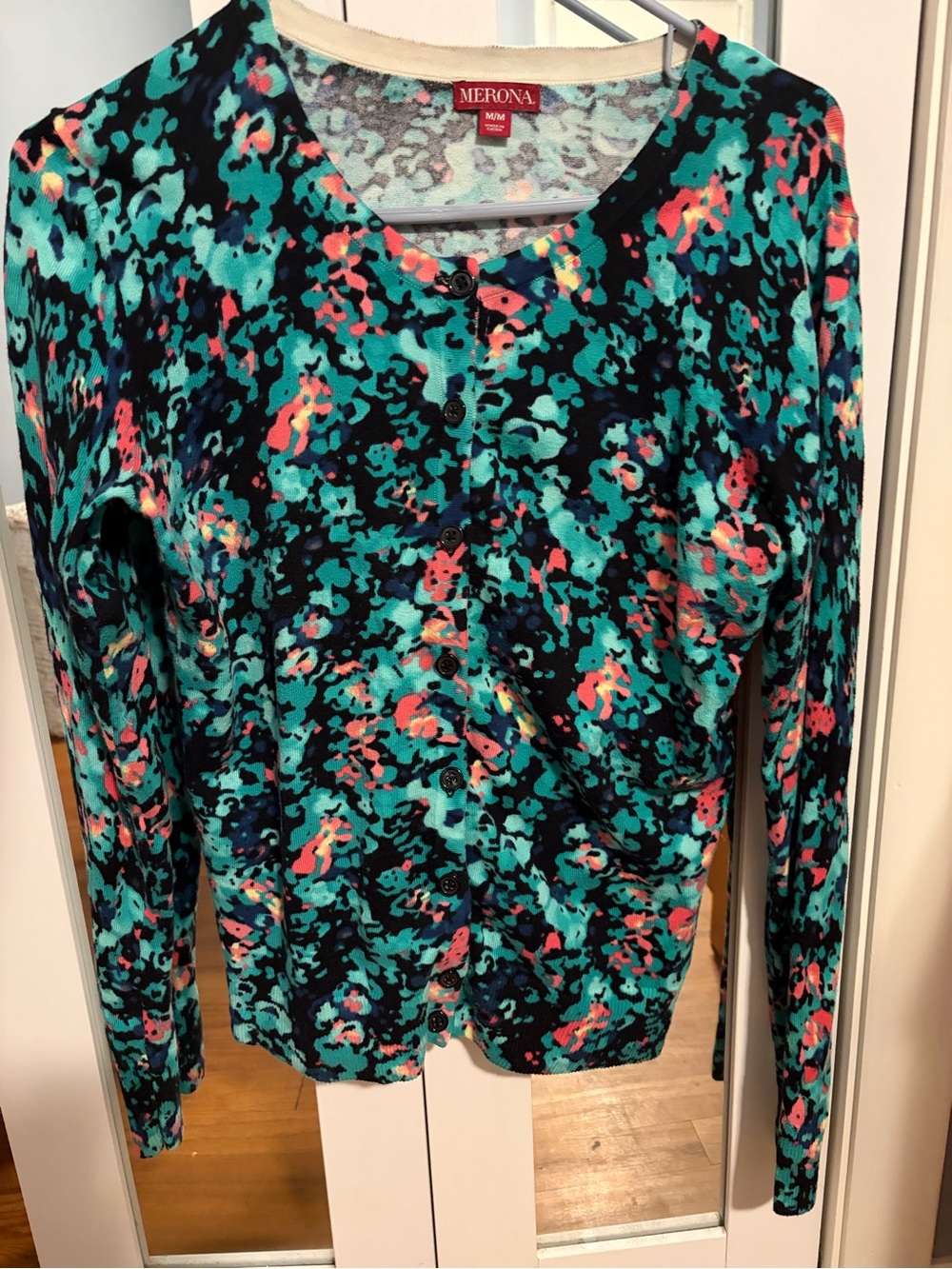 Merona Black Teal Coral Floral Button-Front Cardigan